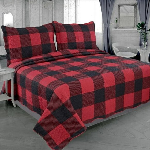 New Red & Black Buffalo Plaid Reversible Quilt Set • KING - Picture 2 of 2
